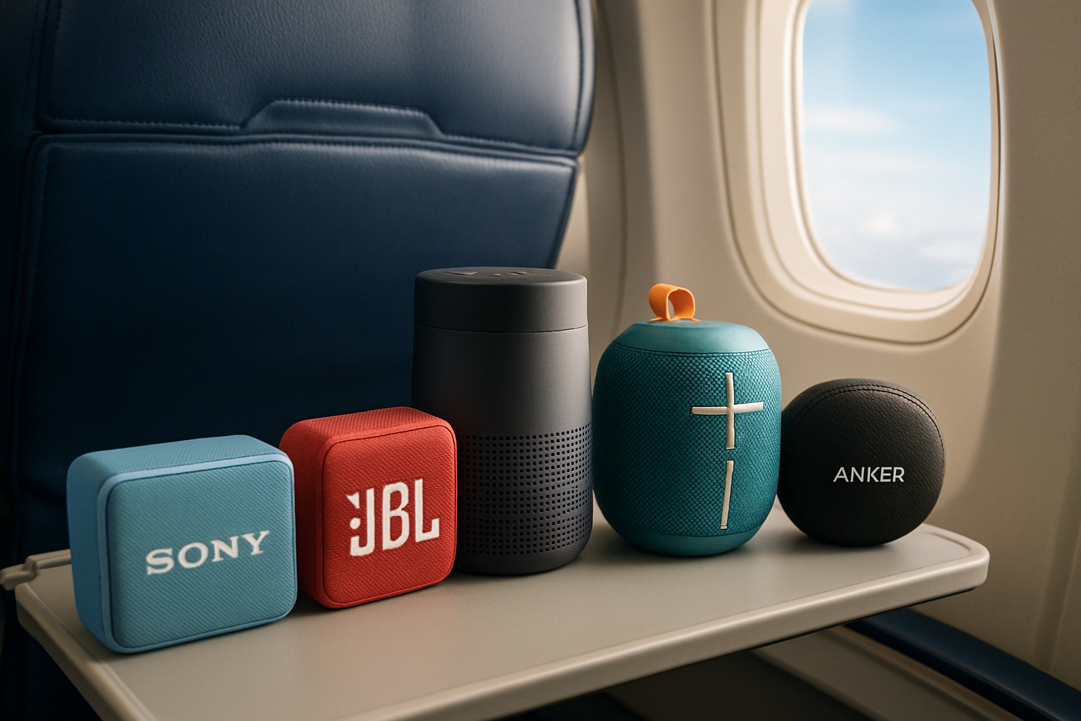 Lineup of ultra-portable Bluetooth speakers arranged on airplane carry-on tray table - small portable Bluetooth speaker