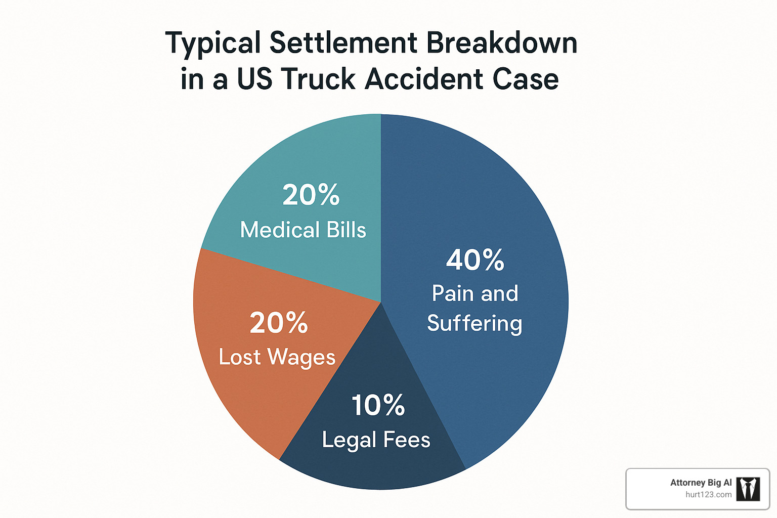 pie chart showing typical settlement breakdown with percentages for medical bills, lost wages, pain and suffering, and legal fees - truck accident lawyers