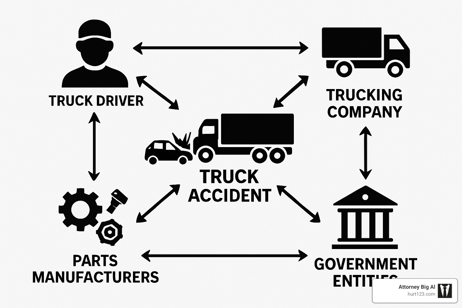 complex web diagram showing multiple liability parties in truck accidents including driver, company, manufacturers, and government entities - truck accident lawyers