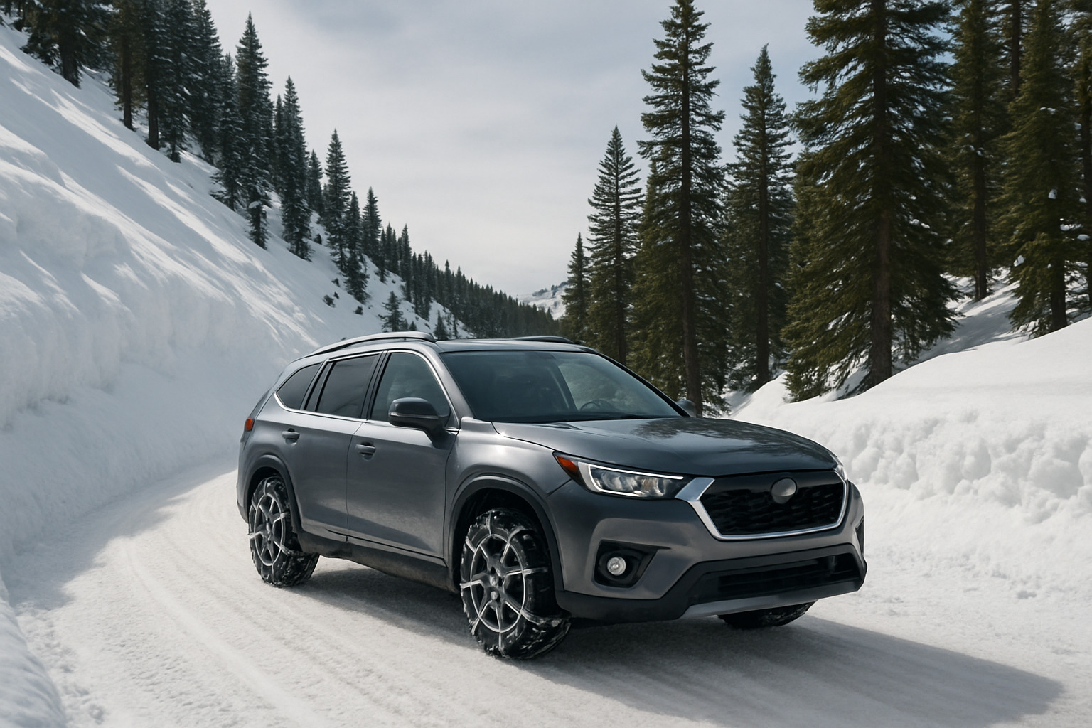 Modern SUV with snow chains navigating mountain road - best vehicles for snow
