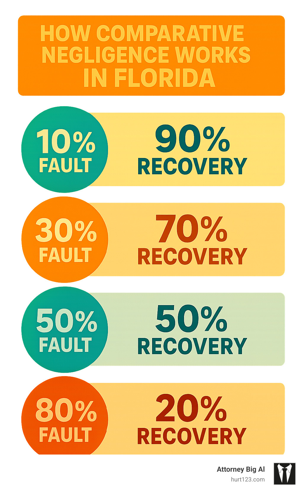Infographic showing Florida's comparative negligence system with examples of how fault percentages affect compensation amounts, including scenarios like 10% fault resulting in 90% recovery, 30% fault resulting in 70% recovery, etc. - truck accident lawyers infographic