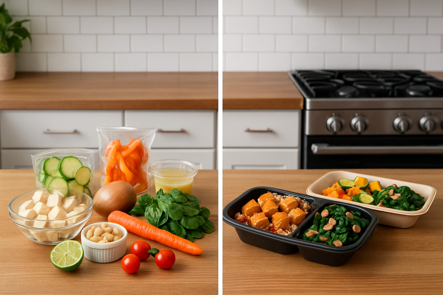 Comparison of meal kit ingredients laid out next to ready-to-eat vegan meals - vegan food delivery services