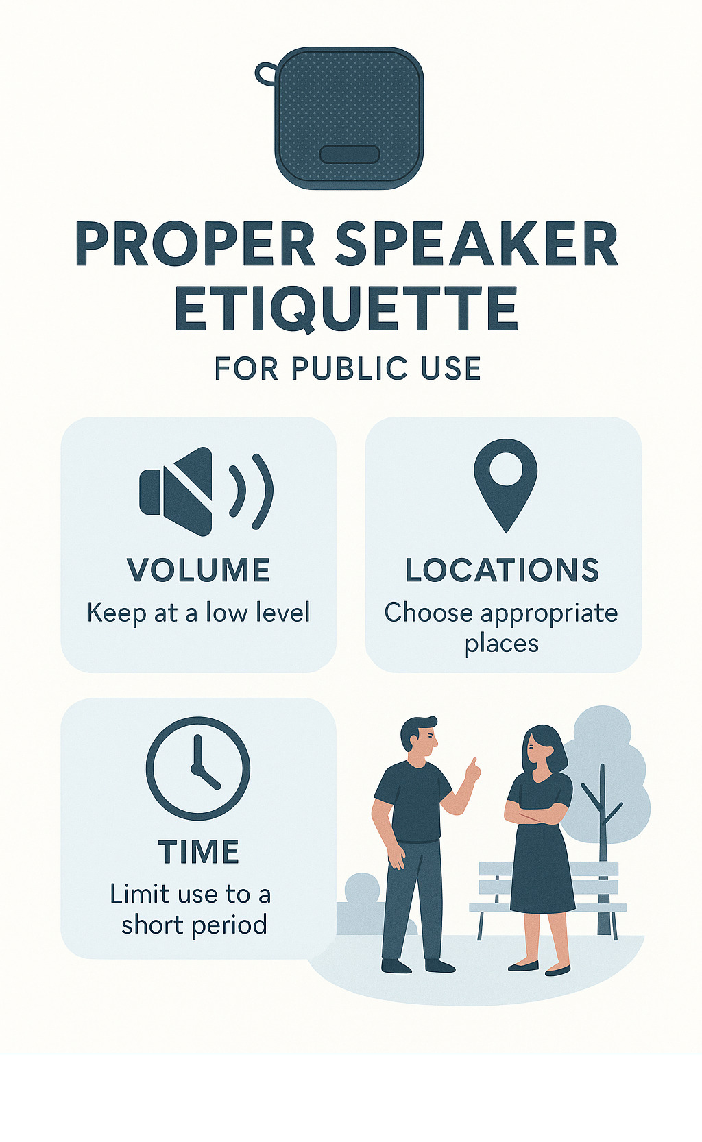 Infographic showing proper speaker etiquette with volume levels, appropriate locations, and time considerations for public use - small portable Bluetooth speaker infographic 