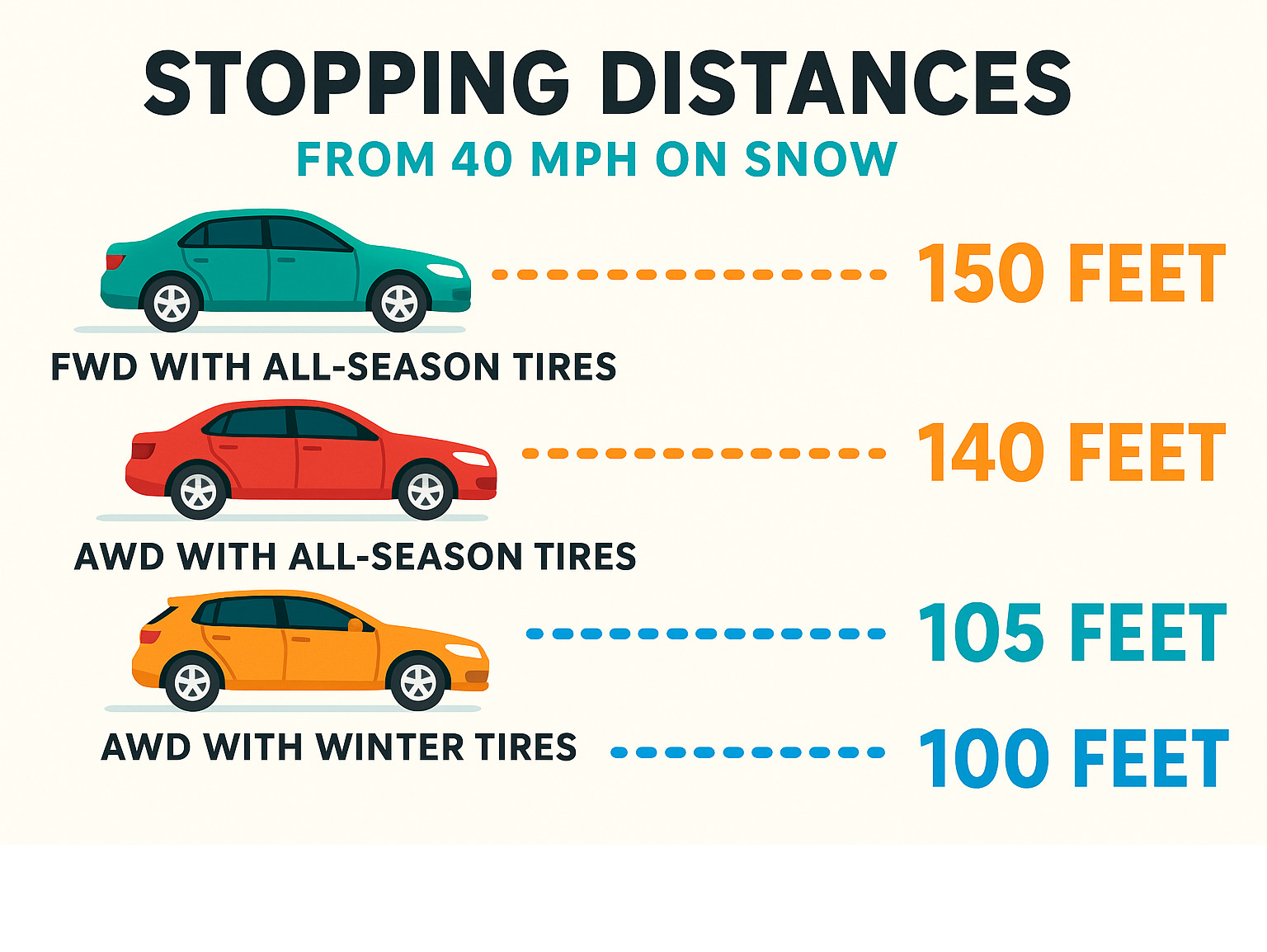 Comparison infographic showing stopping distances: FWD with all-season tires (150 feet), AWD with all-season tires (140 feet), FWD with winter tires (105 feet), AWD with winter tires (100 feet) from 40 mph on snow - best vehicles for snow infographic 