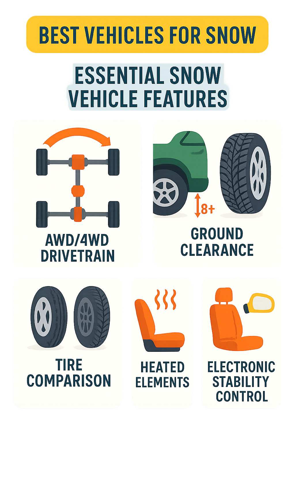 Infographic showing essential snow vehicle features: AWD/4WD drivetrain with torque distribution diagram, 8+ inches ground clearance measurement, winter tire tread pattern comparison, heated elements including seats and mirrors, and electronic stability control system components - best vehicles for snow infographic 
