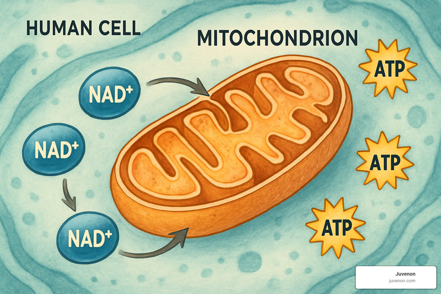 Cellular energy production showing mitochondria using NAD+ to generate ATP - NAD supplements benefits