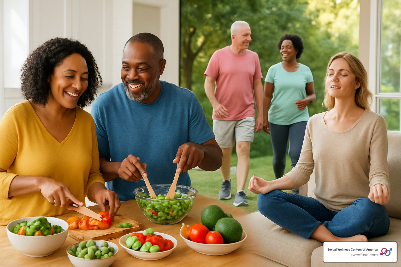 diverse group of people engaging in healthy activities like meal prep, exercise, and stress management - weight loss management
