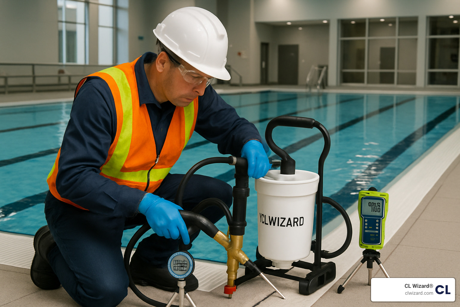 Professional technician using CL Wizard injection equipment to repair commercial pool expansion joint with precision monitoring equipment - swimming pool joint repair