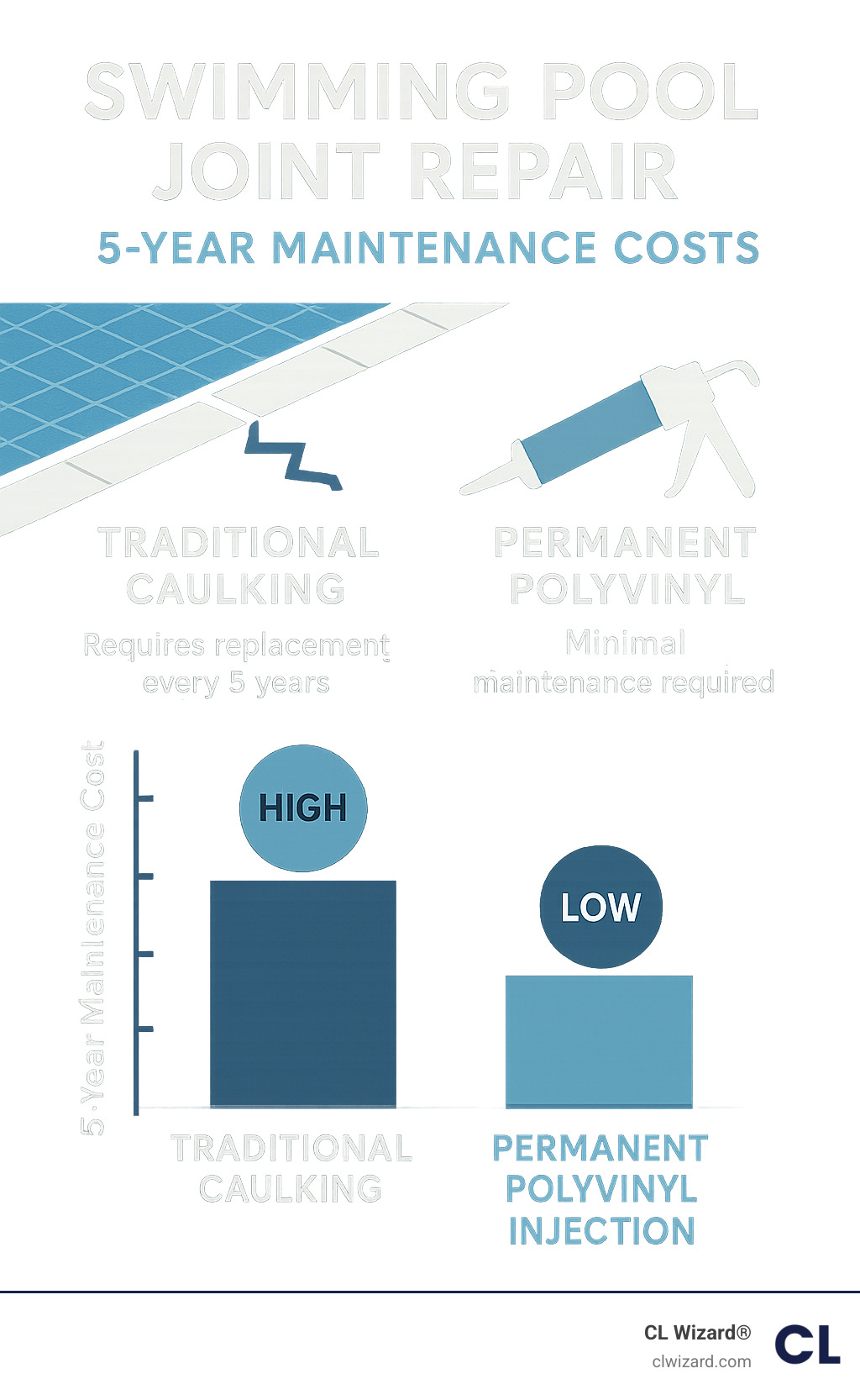 Infographic comparing 5-year maintenance costs between traditional caulking systems requiring replacement every 5 years versus CL Wizard permanent polyvinyl injection repairs with minimal maintenance requirements - swimming pool joint repair infographic 