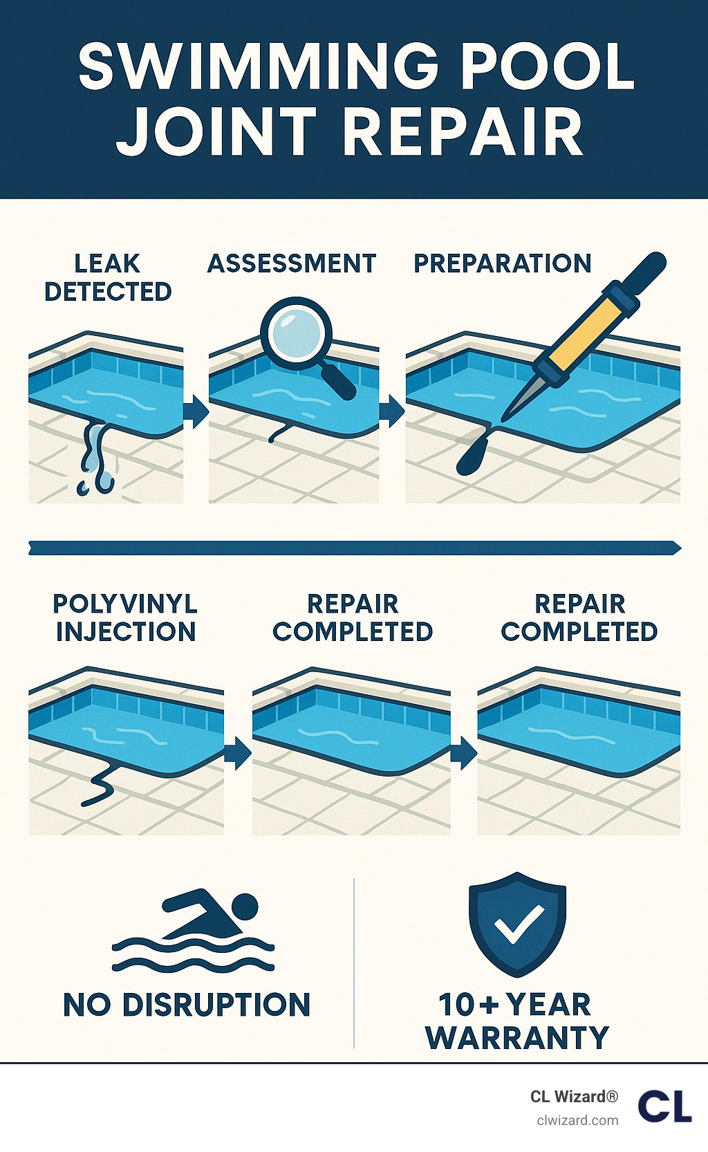 Infographic showing swimming pool joint repair timeline from initial leak detection through permanent CL Wizard polyvinyl injection repair, highlighting zero disruption to pool operations and 10+ year warranty period - swimming pool joint repair infographic 
