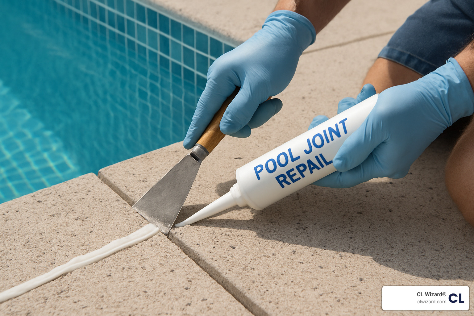 CL Wizard polyvinyl injection equipment being used to repair swimming pool expansion joint while pool remains in operation - swimming pool joint repair