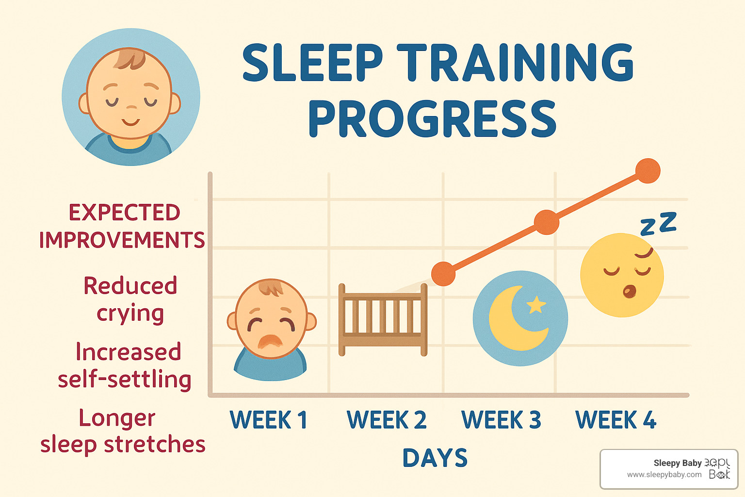 Sleep training progress chart showing typical timeline and expectations for 6-month-old babies learning independent sleep skills - 6 month old sleep routine