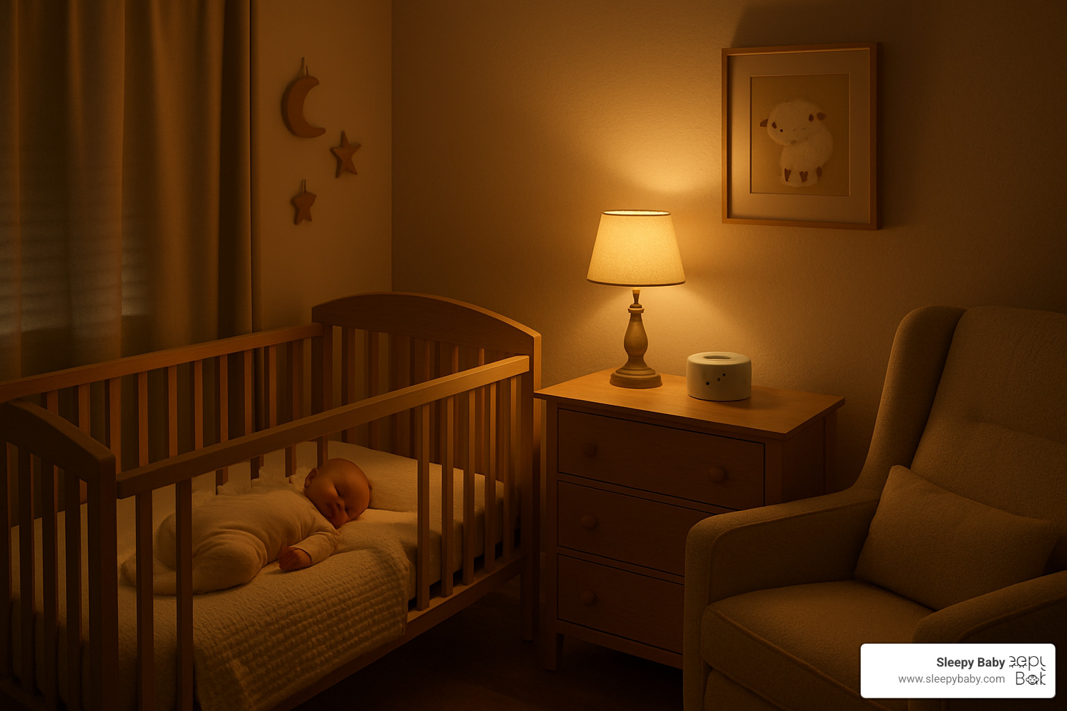 Cozy nursery setup with dim lighting, white noise machine, and comfortable sleep environment - 6 month old sleep routine