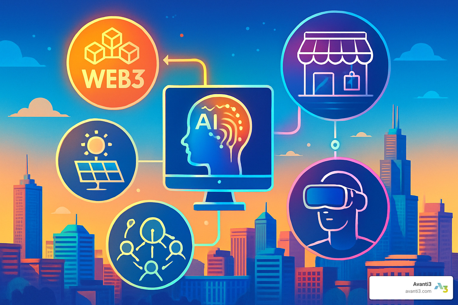 Visualization of future digital brand trends including Web3 integration, AI personalization, sustainable technology, immersive commerce, and community-driven marketing approaches - digital brand solutions