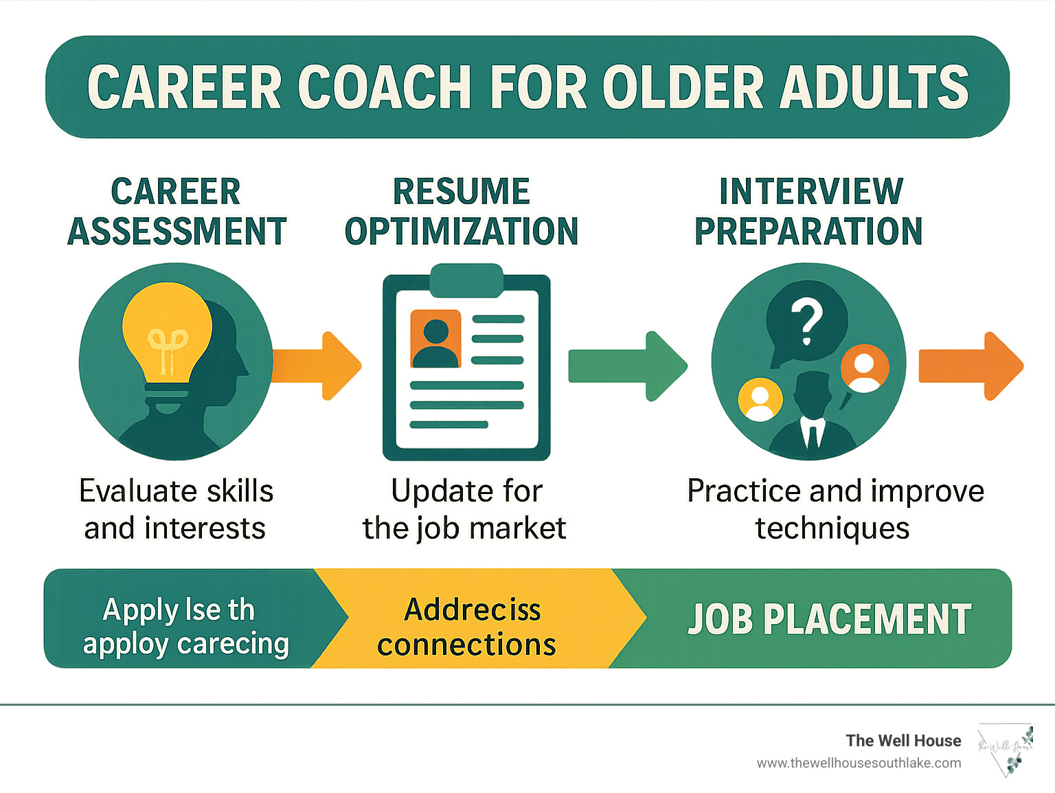 Comprehensive guide showing the journey from career assessment to job placement for professionals over 50, including skills evaluation, resume optimization, interview preparation, and networking strategies - career coach for older adults infographic 