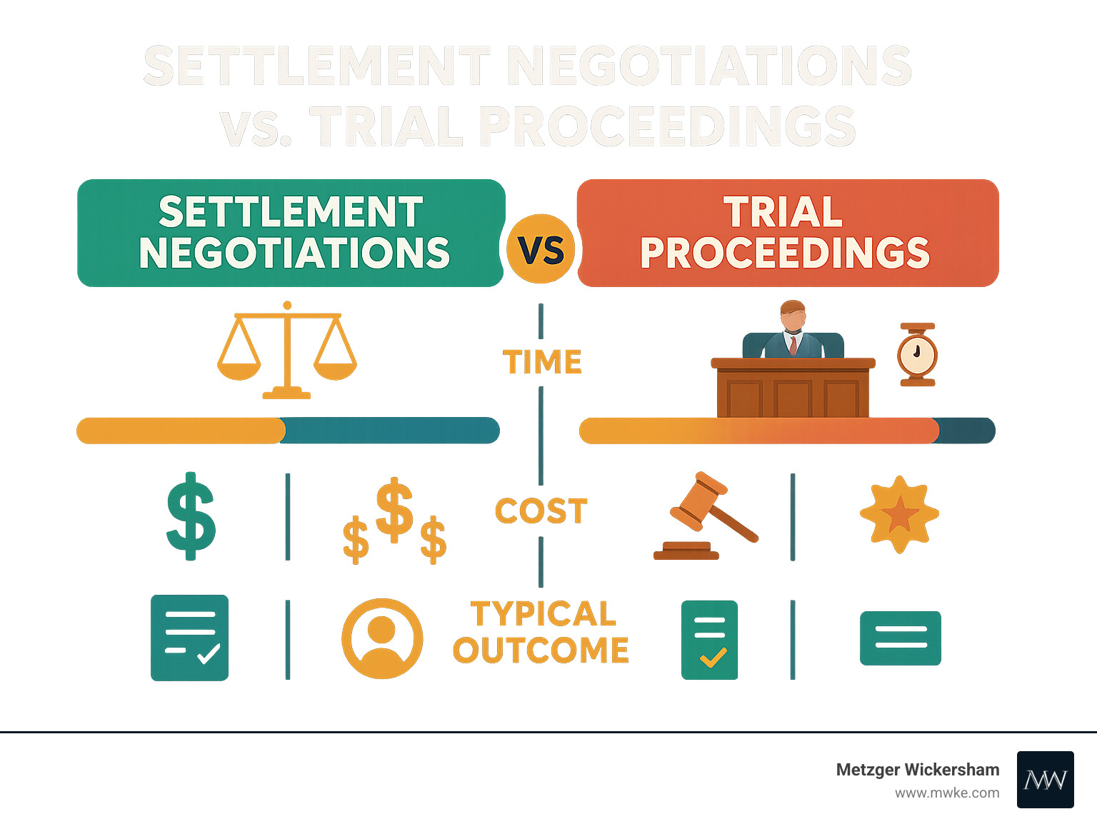 Infographic comparing settlement negotiations versus trial proceedings, showing timelines, costs, control levels, and typical outcomes for each path - serious personal injury lawyer infographic 