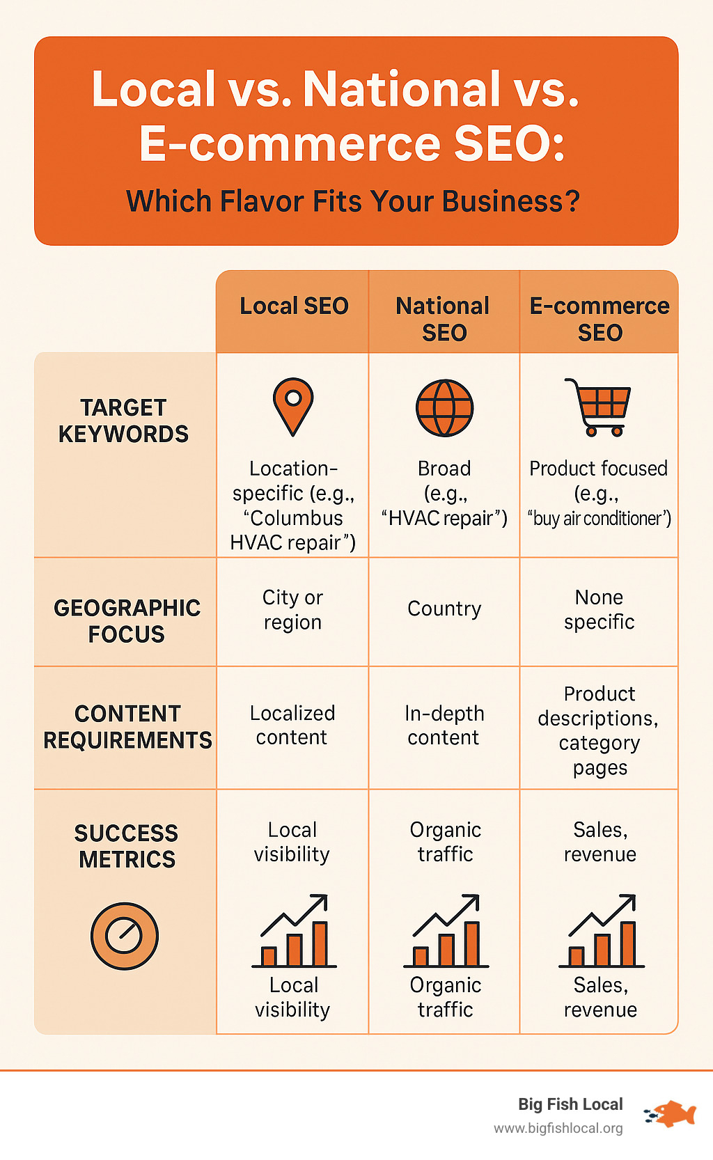 Comparison table showing the key differences between local, national, and e-commerce SEO strategies, including target keywords, geographic focus, content requirements, and success metrics - columbus seo agency infographic 