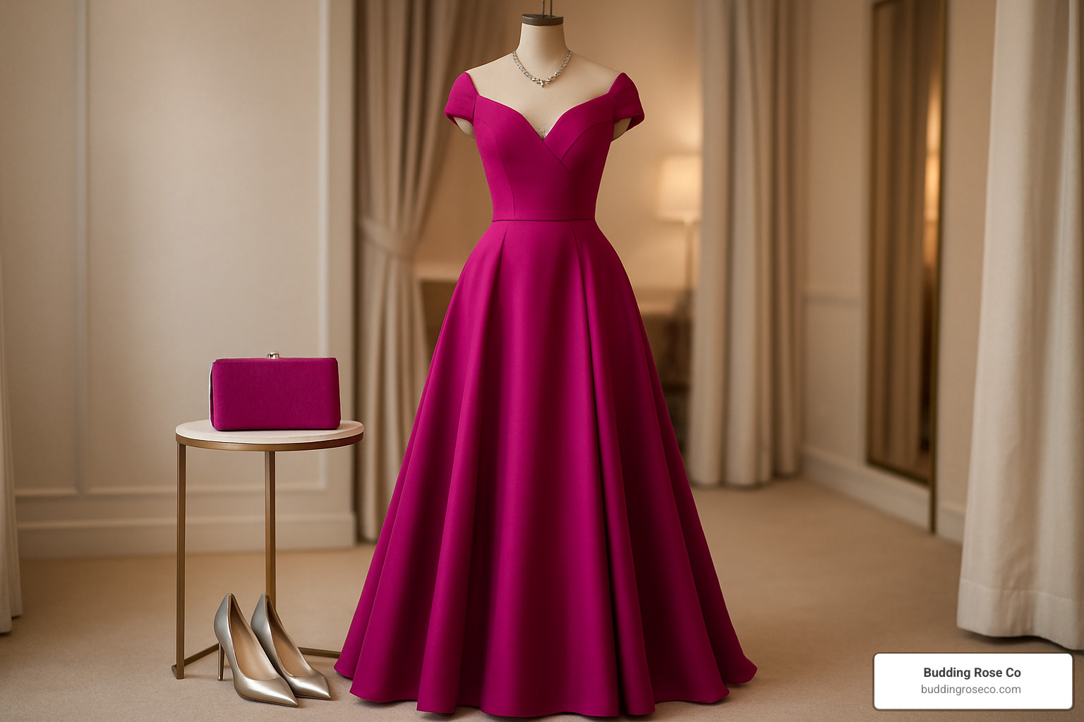 Formal magenta gown styled with neat accessories - magenta colour party gown