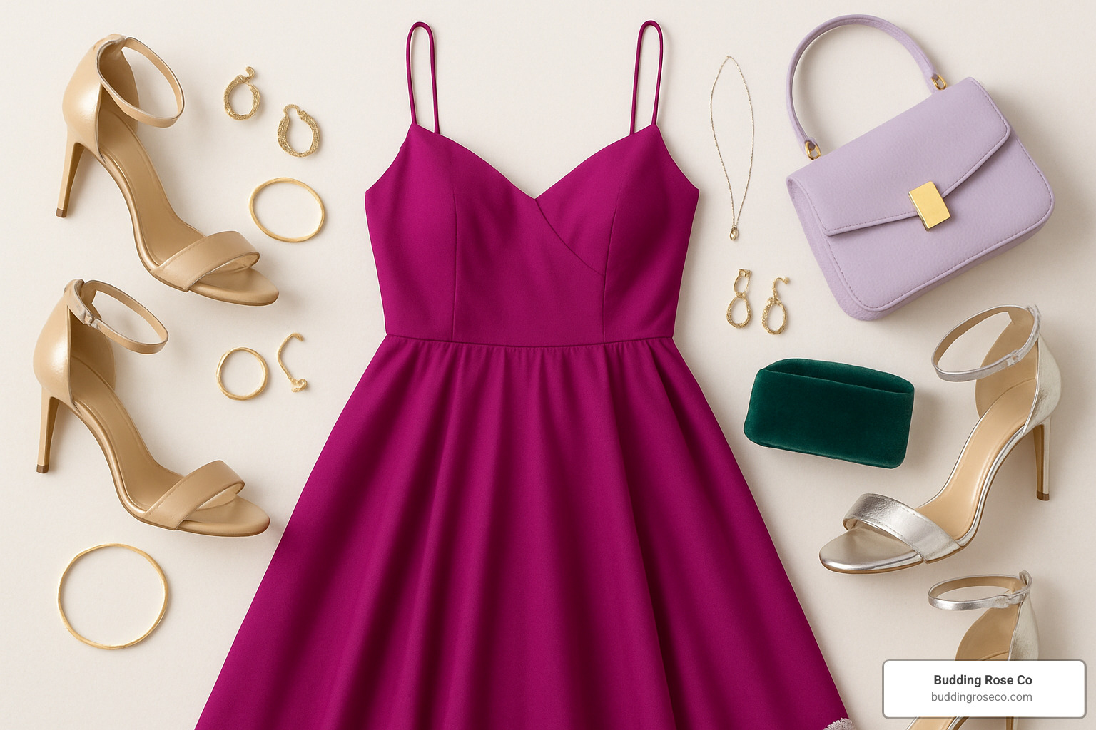 Accessories flatlay with magenta dress styling options - magenta colour party gown