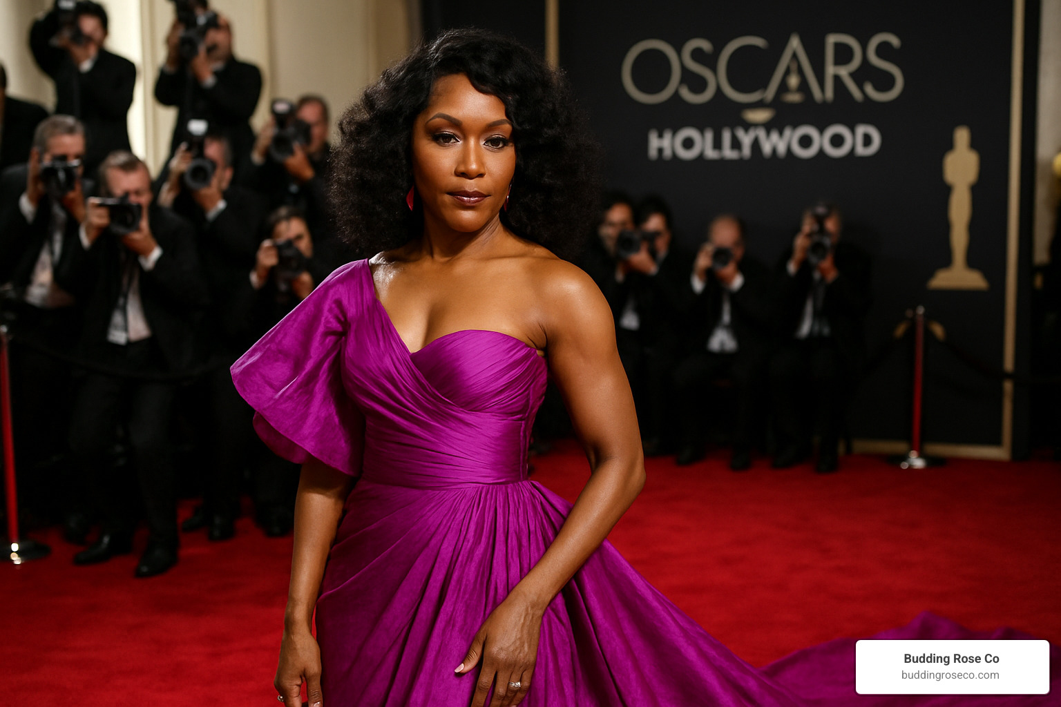 Angela Bassett in neat magenta gown on red carpet - magenta colour party gown