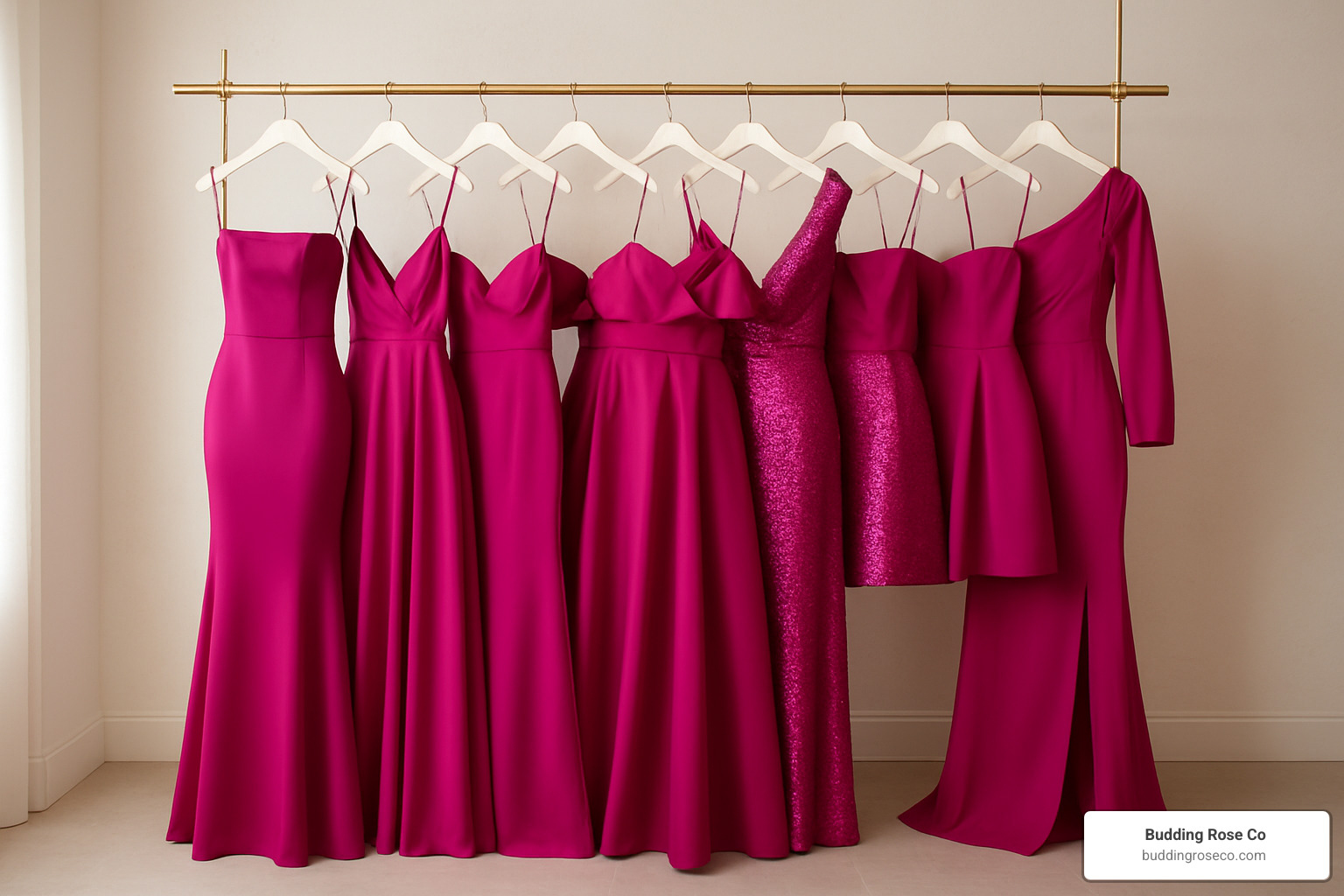 Curated rack of various magenta party gowns in different styles - magenta colour party gown