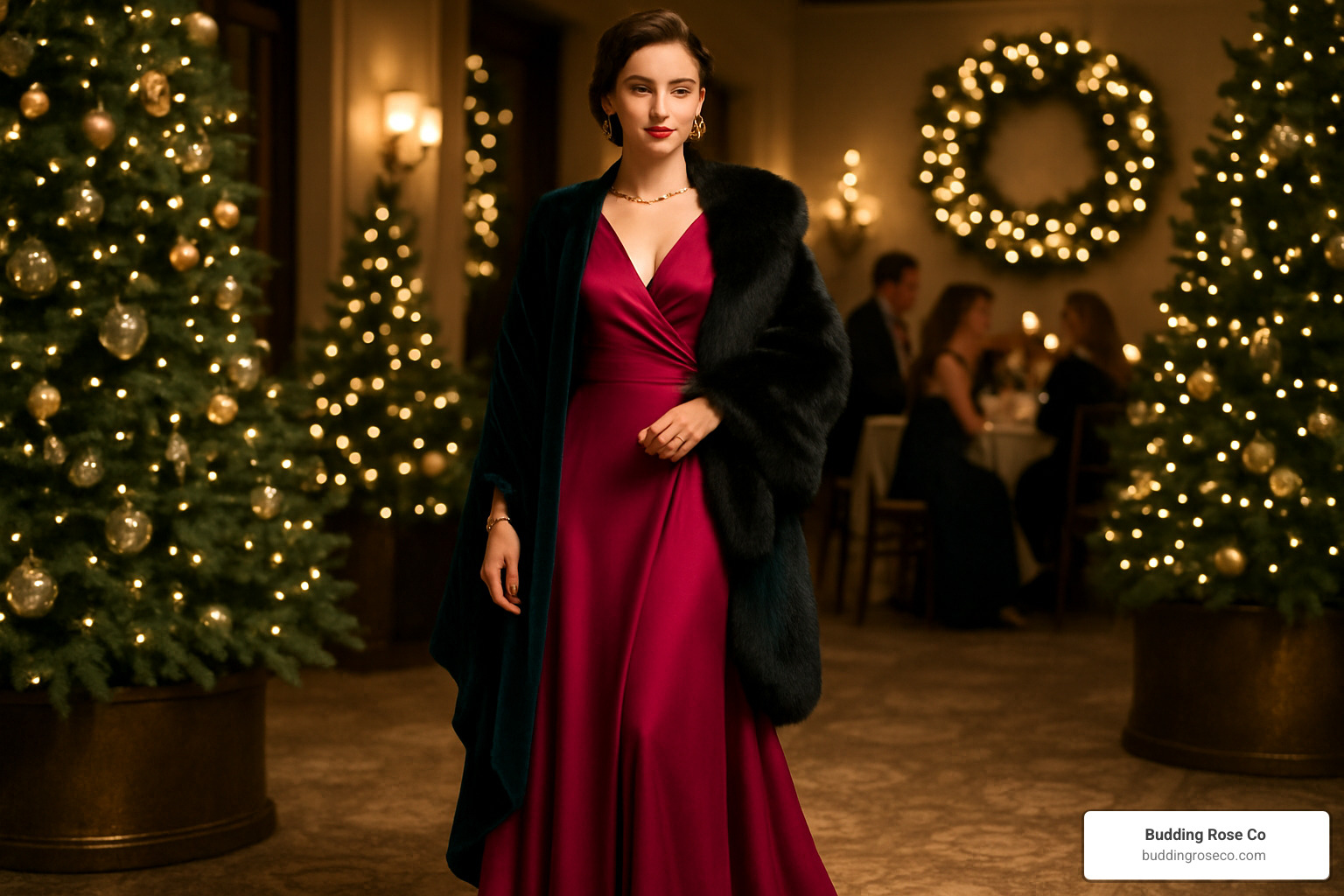 Winter styling ensemble with magenta gown and neat accessories - magenta colour party gown