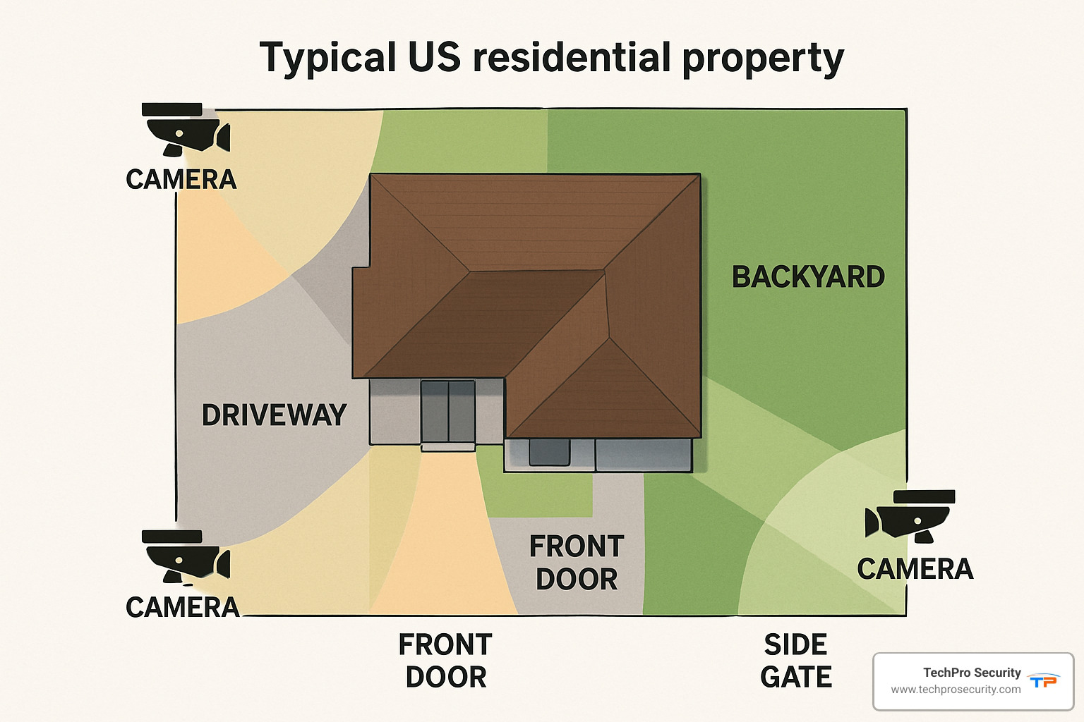 Camera field-of-view zones showing optimal placement angles and coverage areas for residential properties - outside security systems