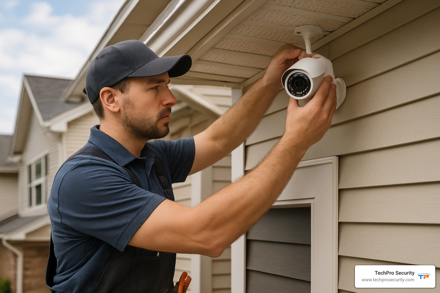 Professional installer adjusting outdoor security camera angle under protective eave mounting - outside security systems