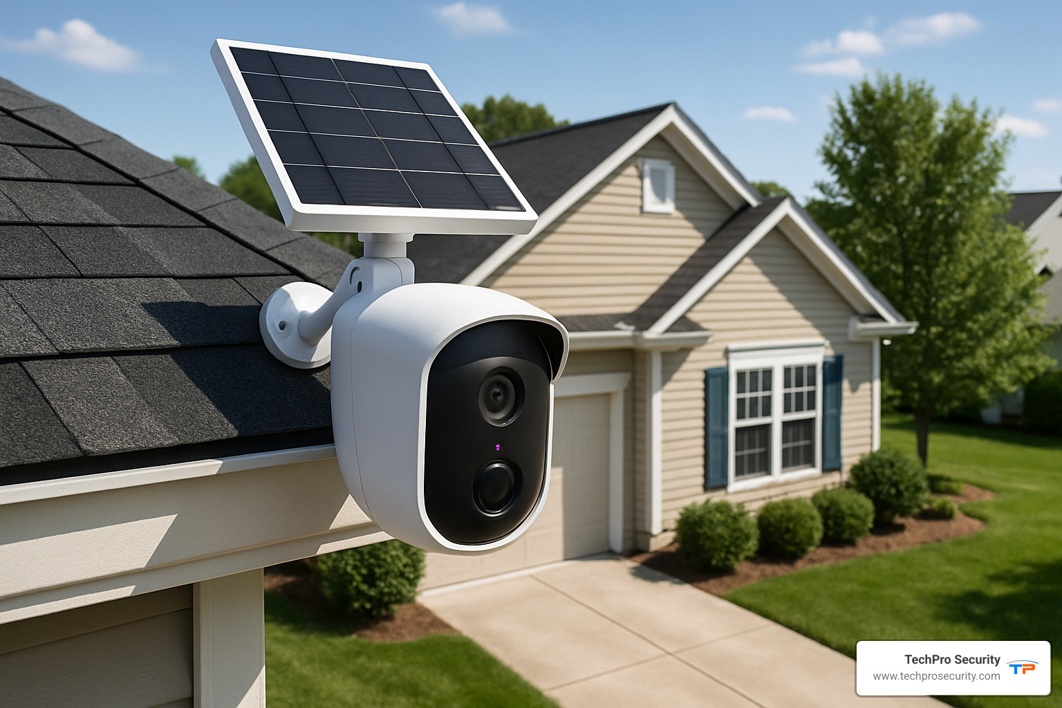 Solar-powered security camera mounted on residential roof with clear view of driveway and front yard - outside security systems