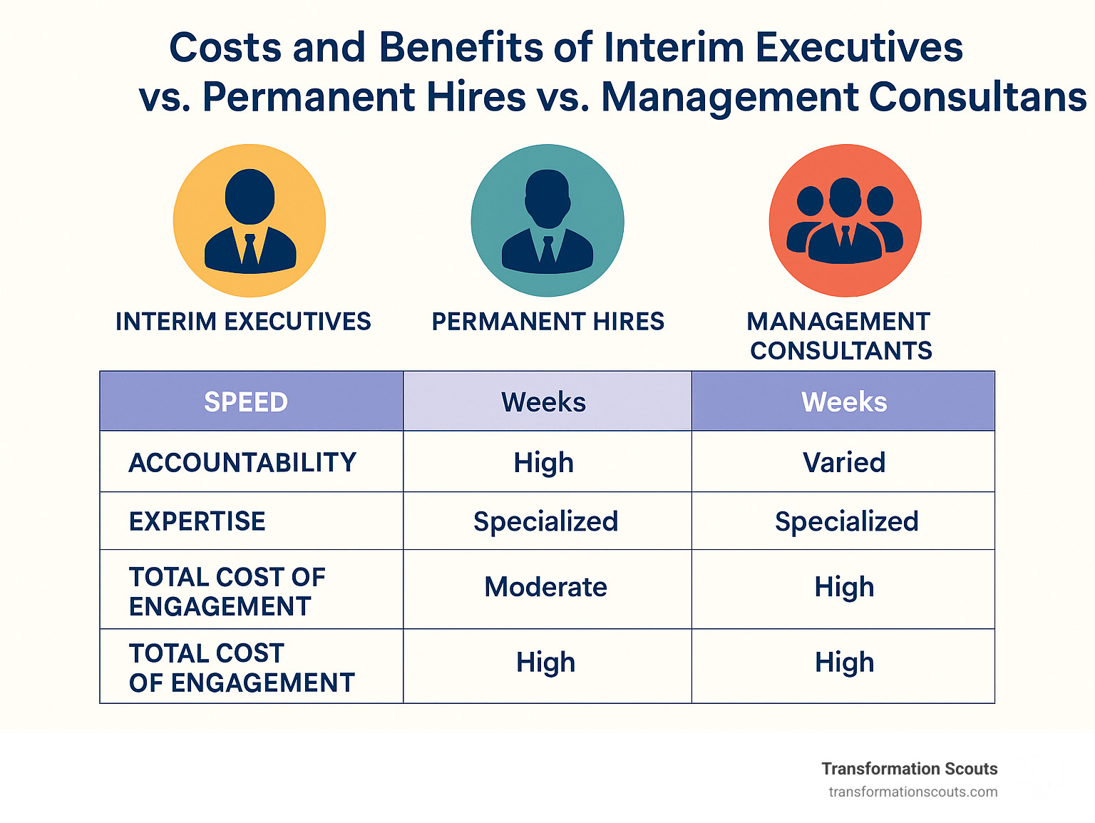Infographic comparing costs and benefits of interim executives vs permanent hires vs management consultants across key metrics like speed, accountability, expertise, and total cost of engagement - c-level interim management infographic 