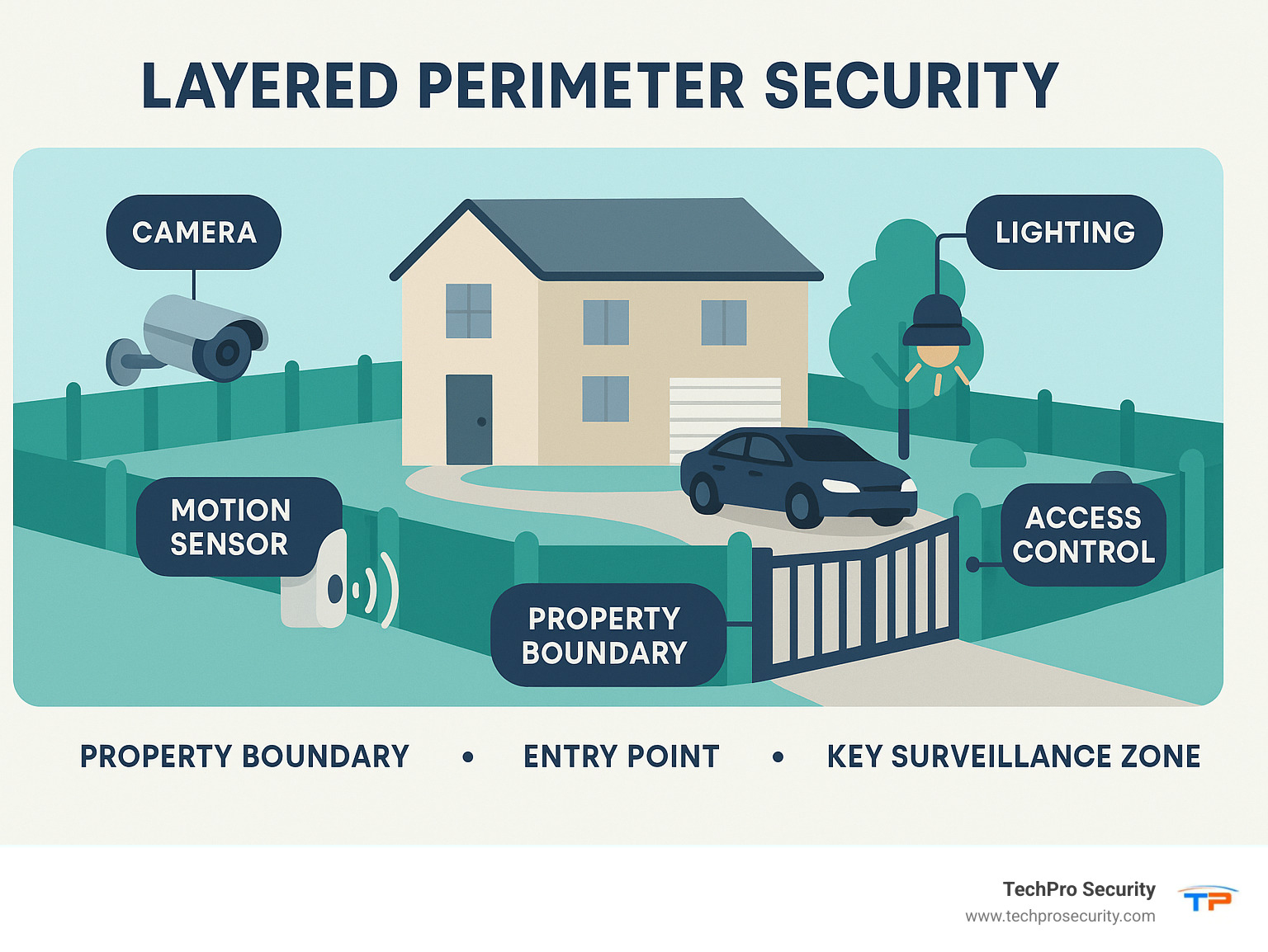 Comprehensive guide showing layered perimeter security with cameras, motion sensors, lighting, and access control positioned at property boundaries, entry points, and key surveillance zones - outside security systems infographic 