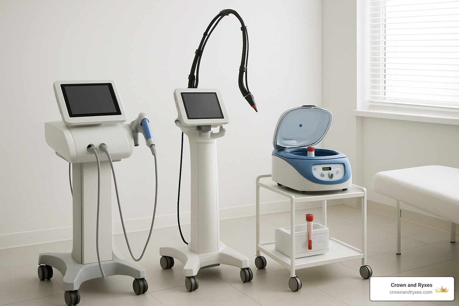 Advanced medical devices used in REGENmax protocol including acoustic wave therapy machine, laser photobiomodulation equipment, and PRP processing system in modern clinical setting - regenmax