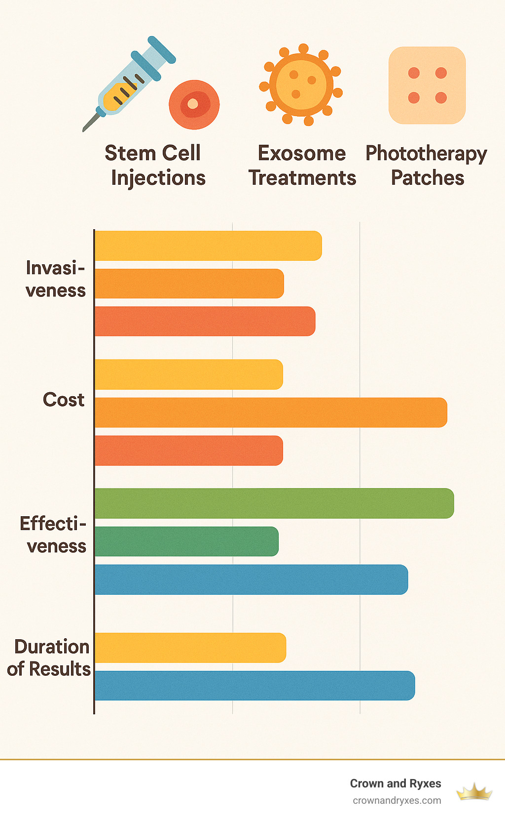 Comprehensive infographic comparing different regenerative therapies including stem cell injections, exosome treatments, phototherapy patches, and REGENmax showing relative invasiveness, cost, effectiveness, and duration of results - regenmax infographic 