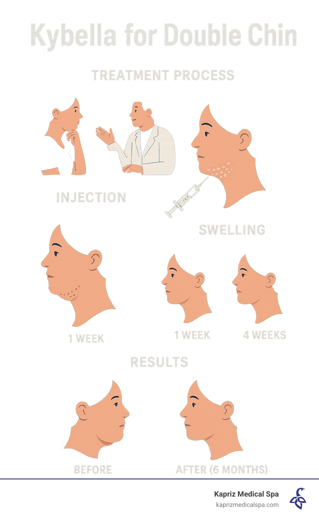 Comprehensive infographic showing Kybella treatment process from consultation through final results, including injection technique, swelling timeline, and before-after profile comparison over 6 months - Kybella for double chin infographic