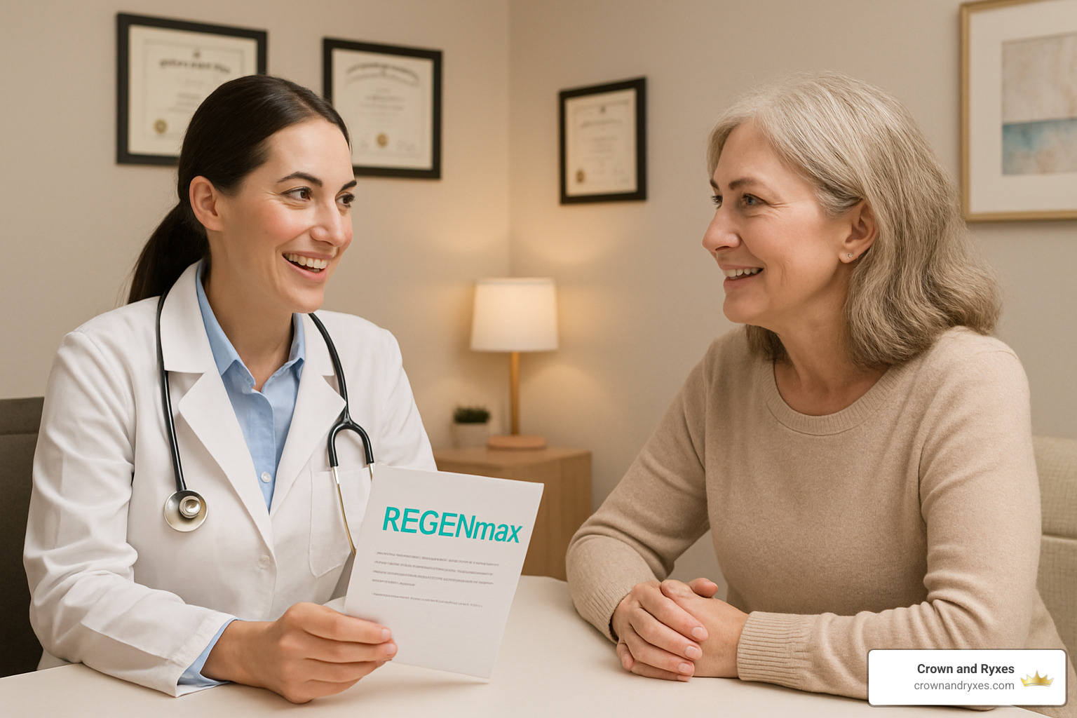 Medical professional counseling patient about REGENmax treatment options in comfortable clinical consultation room - regenmax