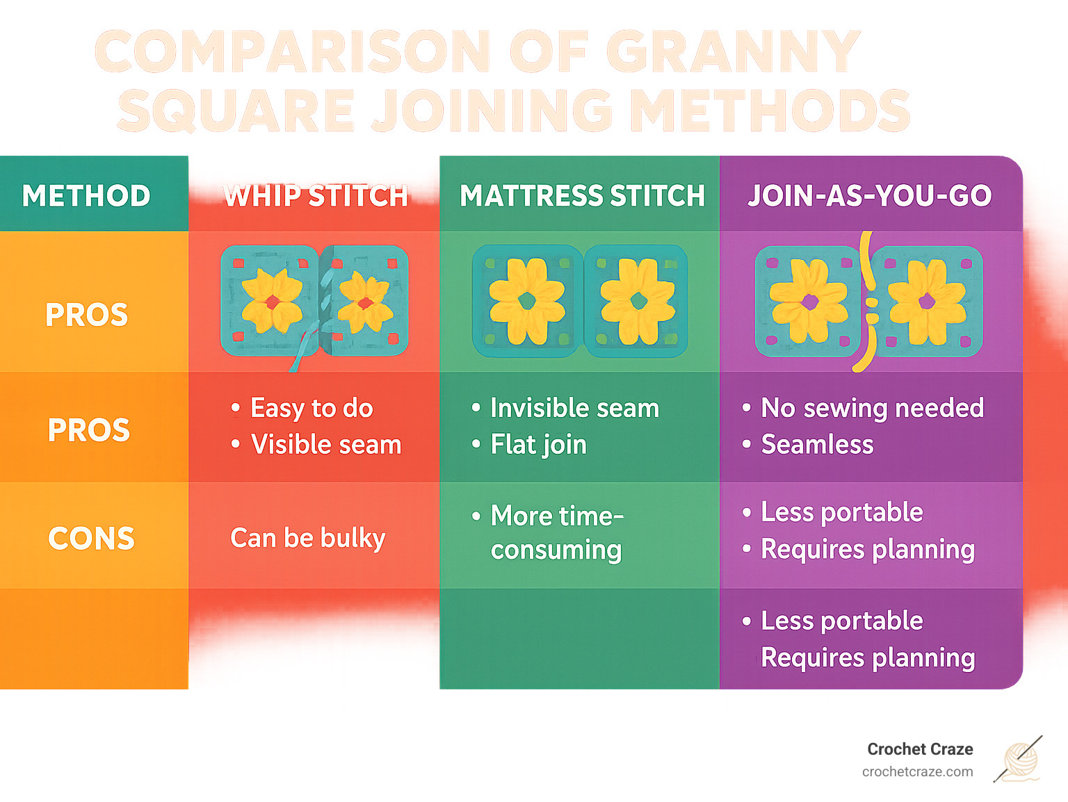 Comparison table of granny square joining methods showing whip stitch, mattress stitch, and join-as-you-go techniques with pros and cons - crochet granny square video infographic