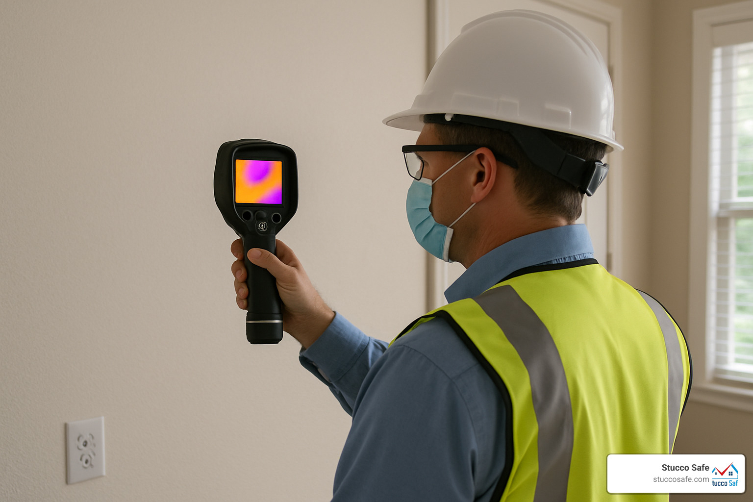Professional inspector using thermal imaging camera to detect hidden moisture behind walls - home mold inspection