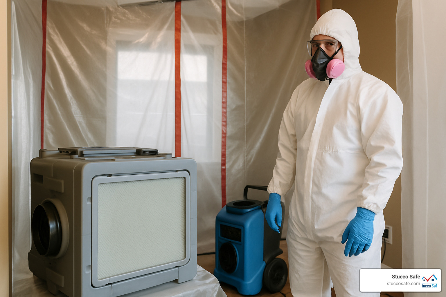 Professional mold remediation setup showing proper containment barriers, HEPA filtration equipment, and worker safety gear - home mold inspection