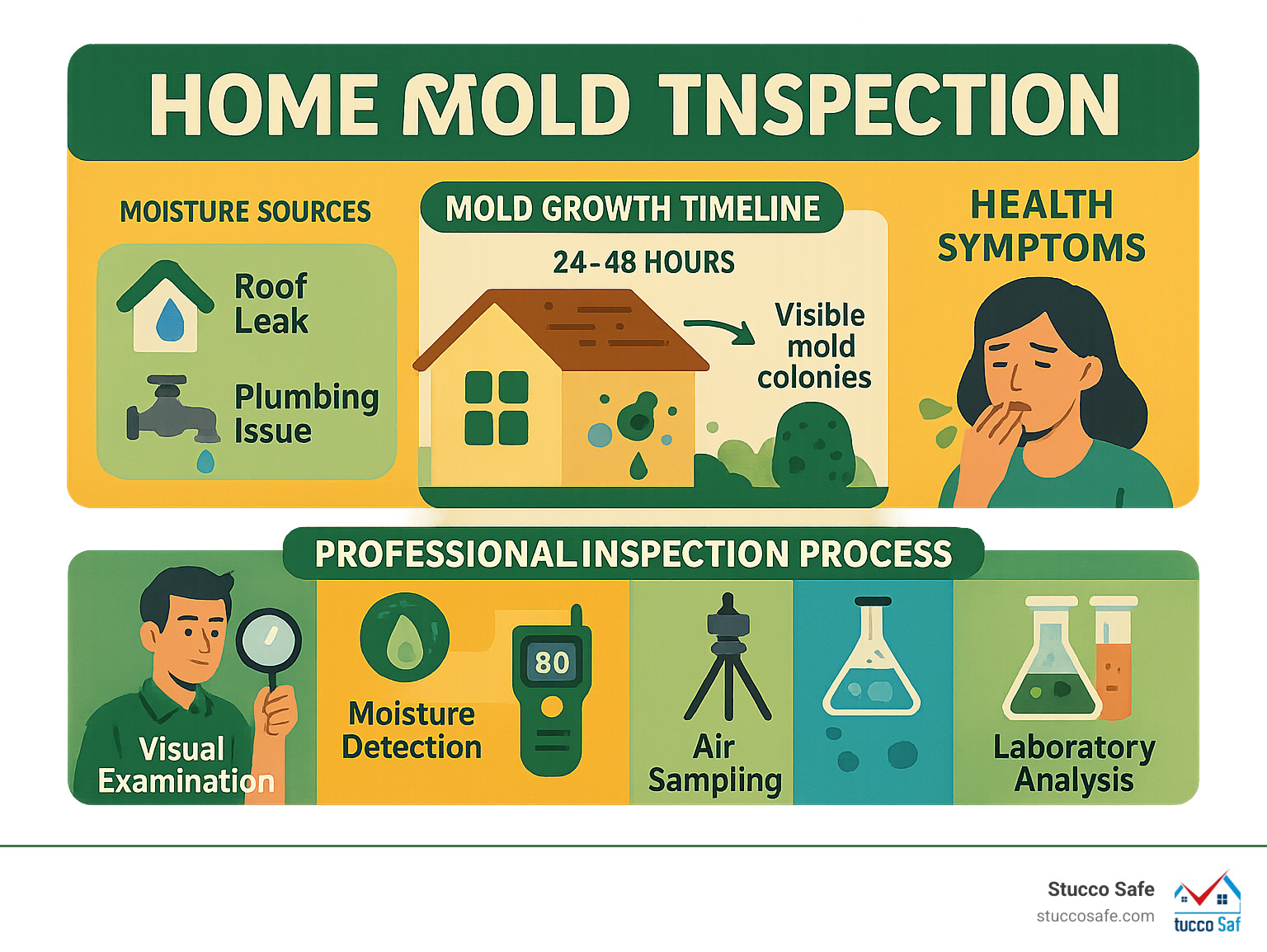 Comprehensive infographic showing the 24-48 hour mold growth timeline from initial moisture exposure to visible colonies, including common moisture sources like roof leaks and plumbing issues, health symptoms to watch for, and the step-by-step professional inspection process with visual examination, moisture detection tools, air sampling, and laboratory analysis - home mold inspection infographic 