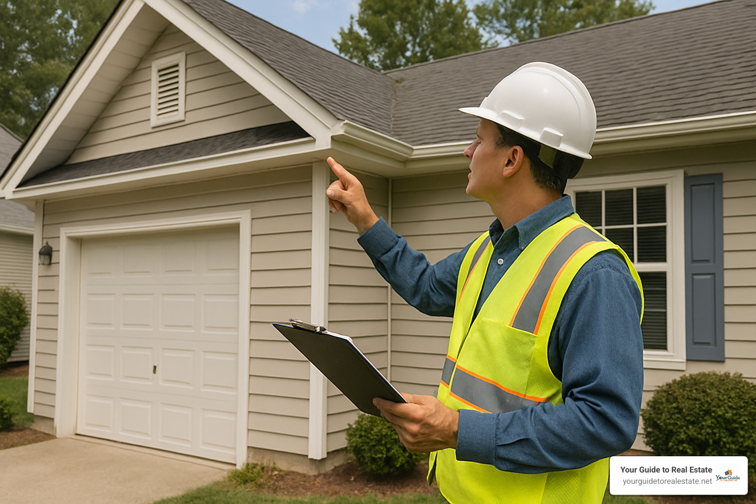 home inspector examining roof and exterior of house - loan process for buying a house