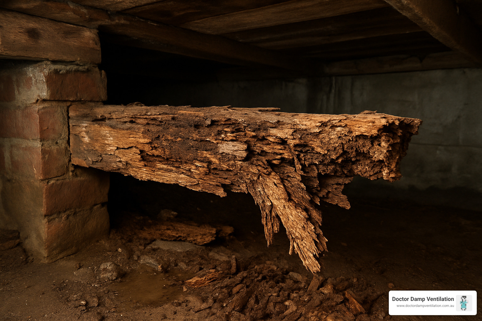 Severely damaged floor joist showing wood rot and decay from poor ventilation - under house ventilation