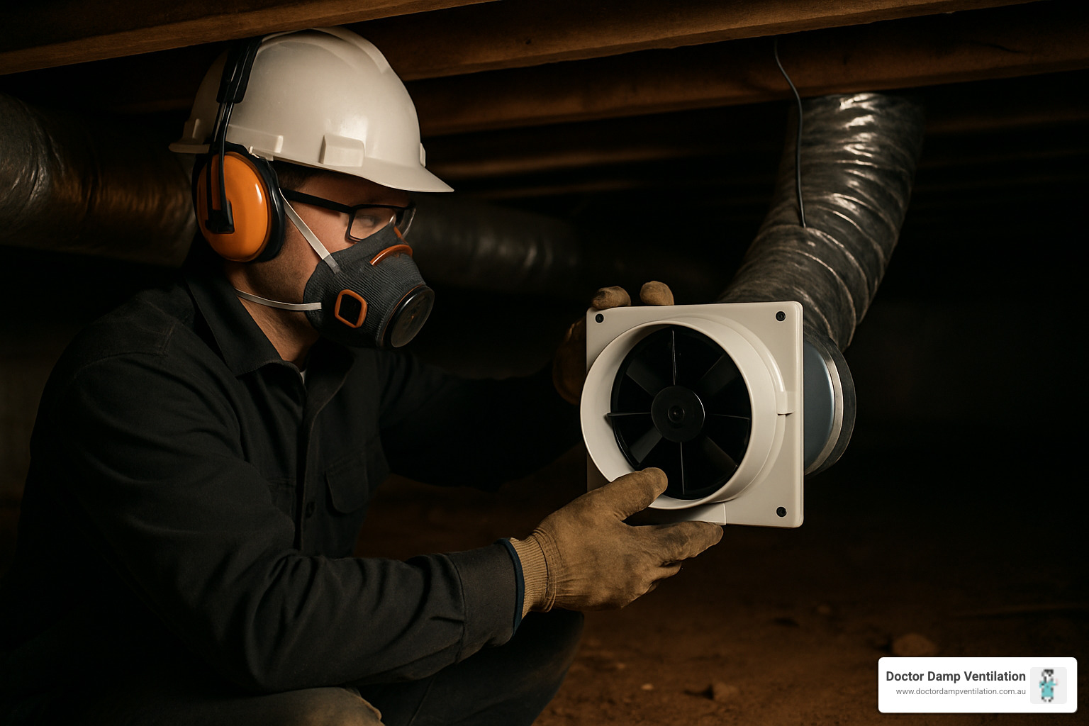 Professional technician installing under house ventilation fan in cramped subfloor space - under house ventilation