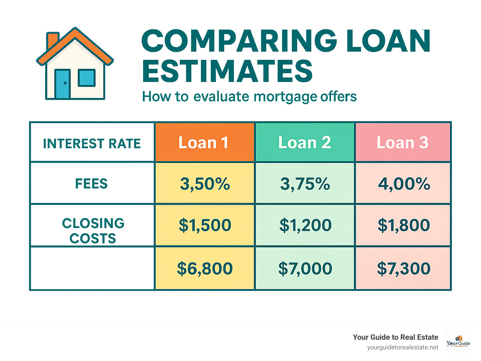 Comparison table showing three sample loan estimates with different interest rates, fees, and closing costs to illustrate how to evaluate mortgage offers - loan process for buying a house infographic 