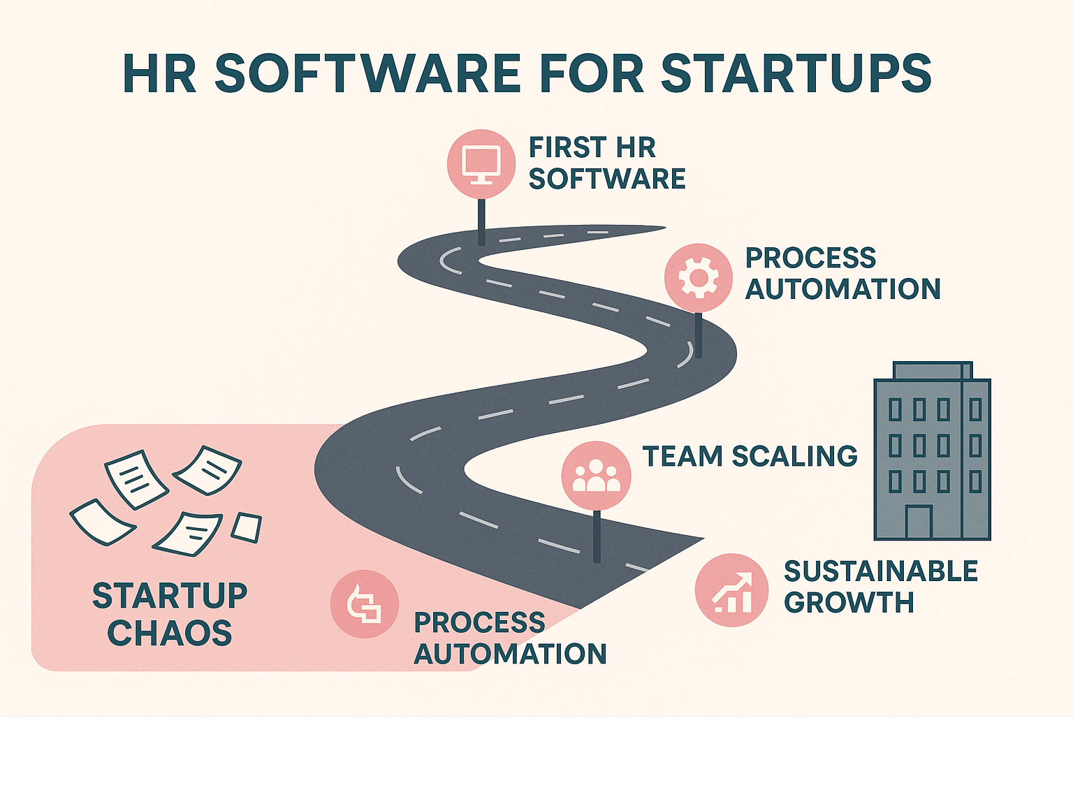 Roadmap visualization showing the path from startup chaos to organized HR operations, featuring key milestones like first HR software implementation, process automation, team scaling, and sustainable growth achievement - HR software for startups infographic 