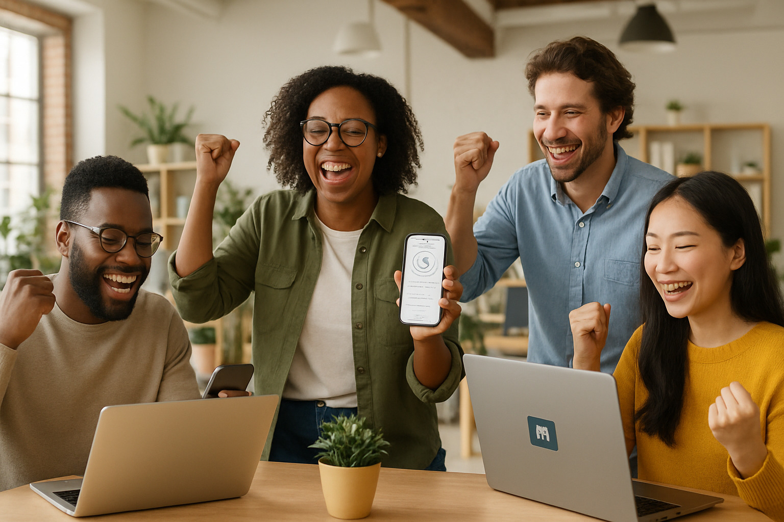 Modern startup office with founders celebrating streamlined HR operations, showing team members using mobile devices to access HR tools while working collaboratively - HR software for startups