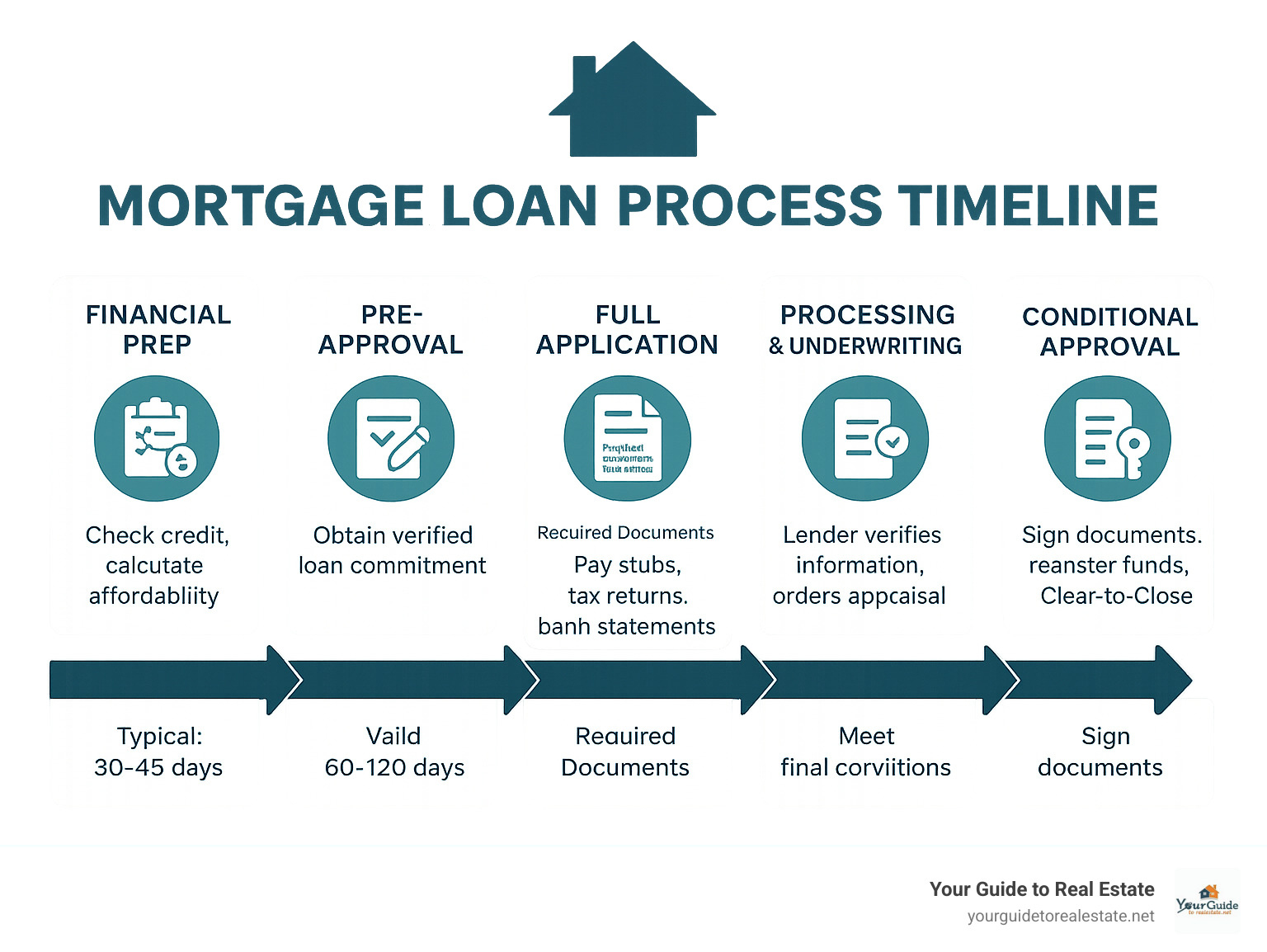Detailed mortgage loan process timeline showing 6 steps from financial preparation through closing day, including typical timeframes, required documents, and key milestones for each phase - loan process for buying a house infographic 