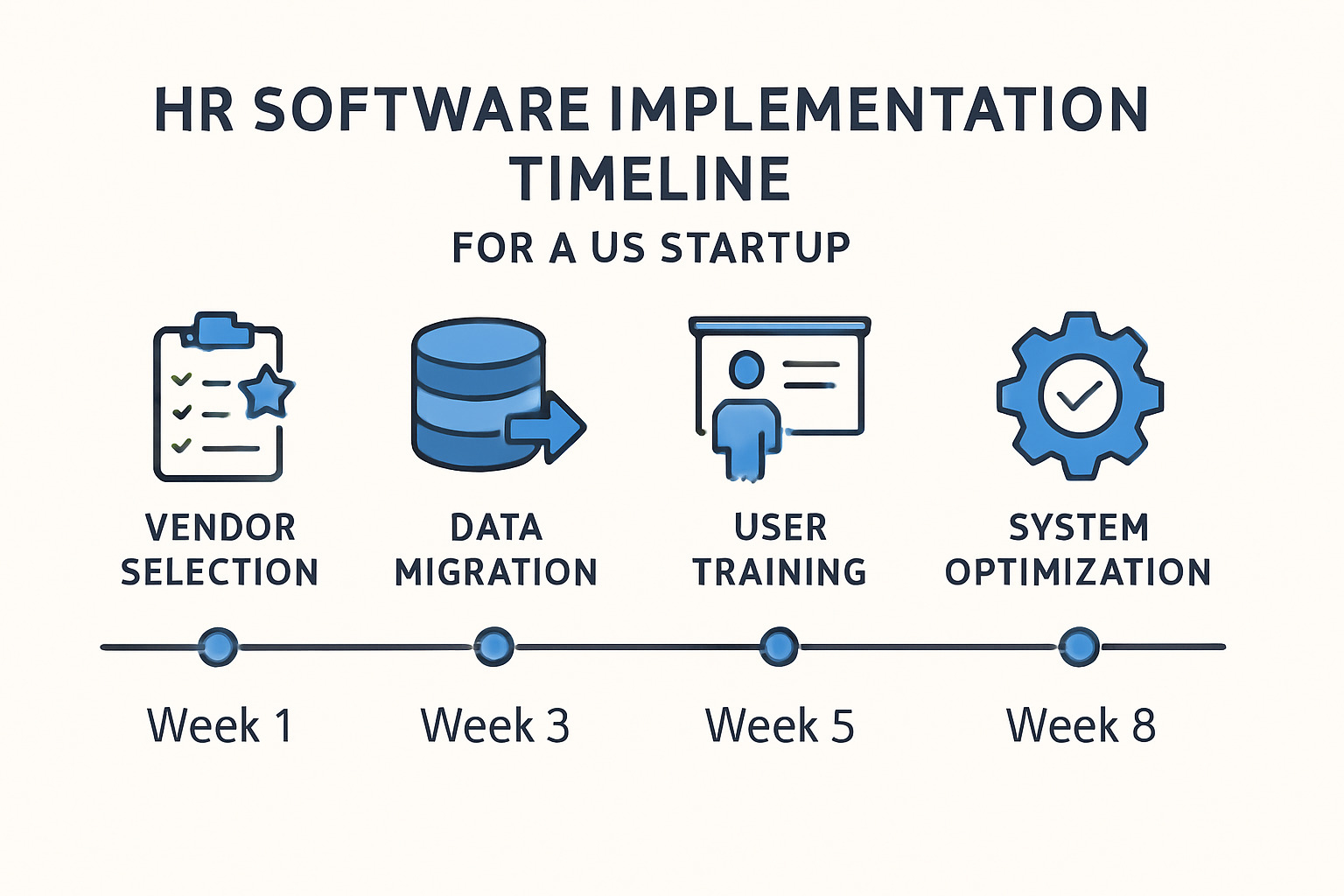 Implementation timeline showing 8-week rollout schedule from vendor selection through full deployment, including key milestones for data migration, user training, and system optimization - HR software for startups
