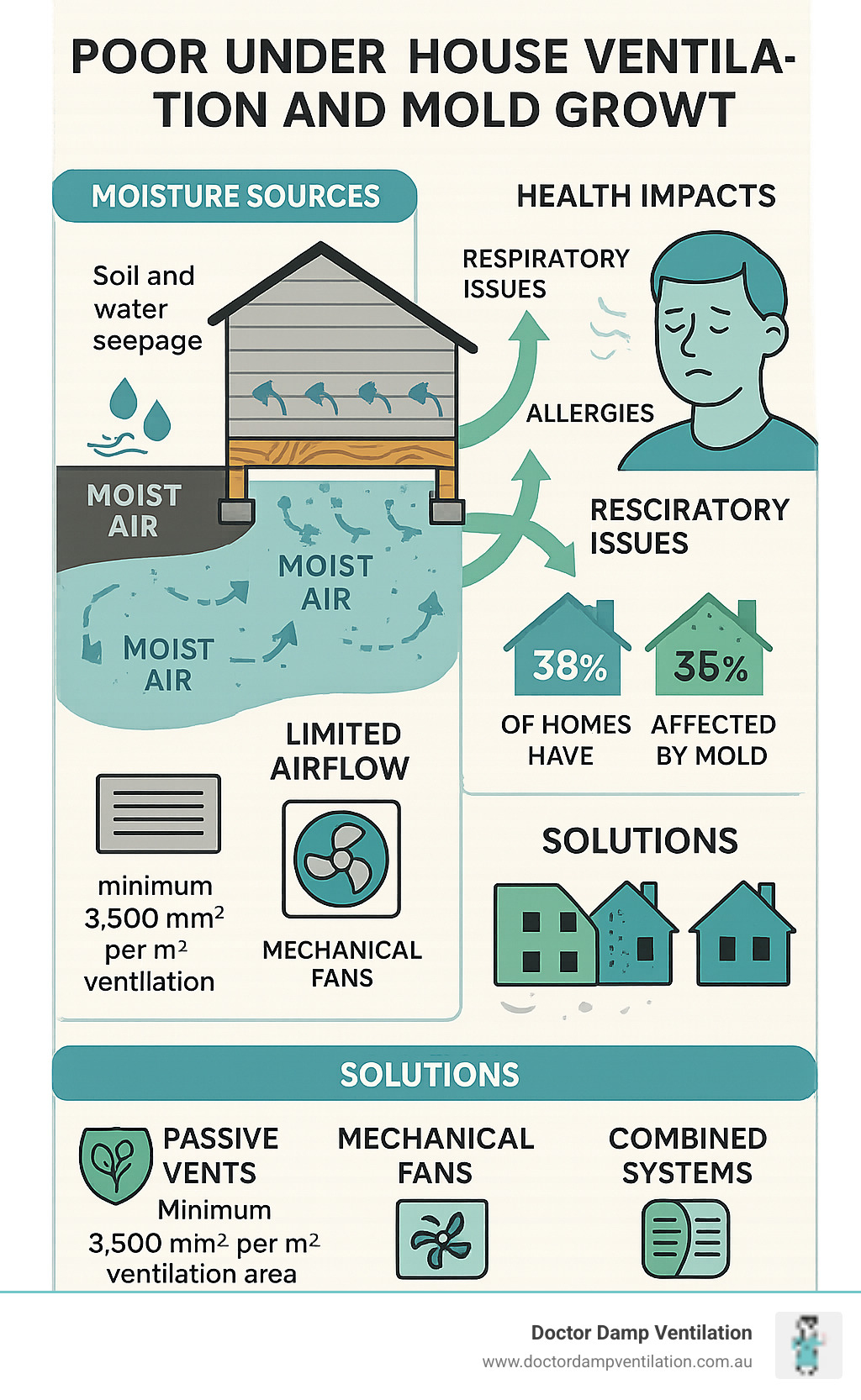 Comprehensive infographic showing the progression from poor under house ventilation to mold growth, including moisture sources, airflow patterns, health impacts, and solution types with timelines and statistics - under house ventilation infographic 
