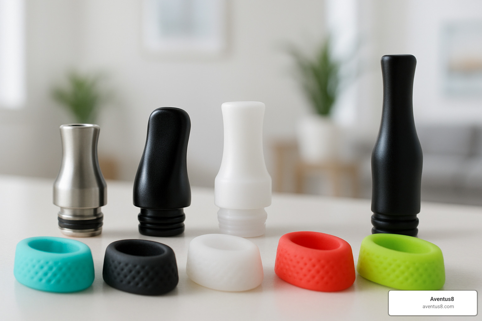 Detachable mouthpiece kit showing various ergonomic tips and silicone covers - THC vape accessories