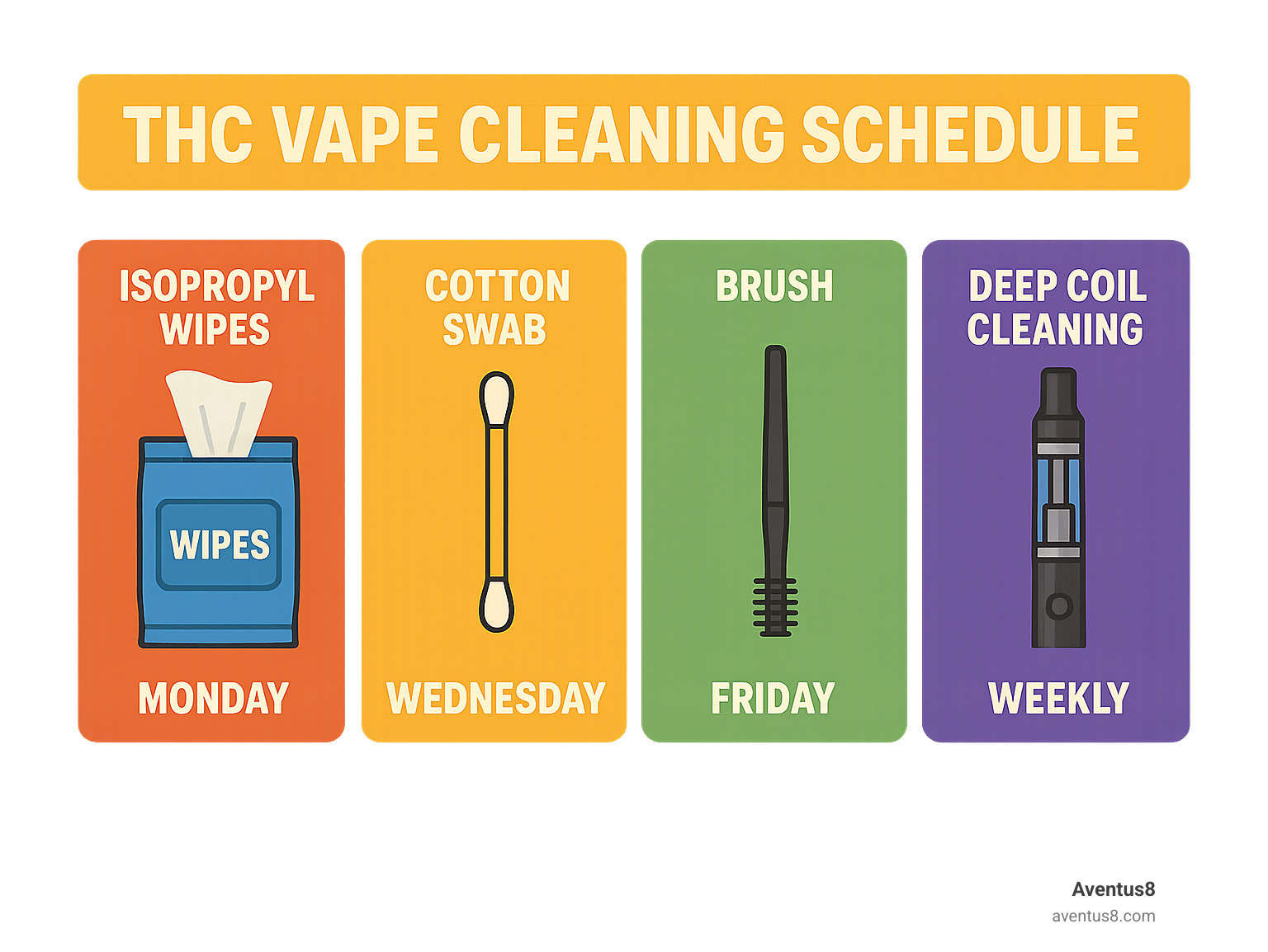 Infographic showing weekly THC vape cleaning schedule with isopropyl wipes on Monday, cotton swab cleaning Wednesday, brush maintenance Friday, and deep coil cleaning weekly - THC vape accessories infographic 